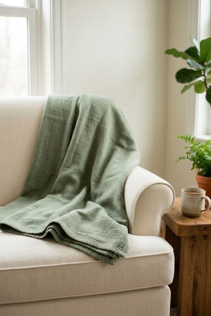 A sage green and cream two tone palette in a small living room
