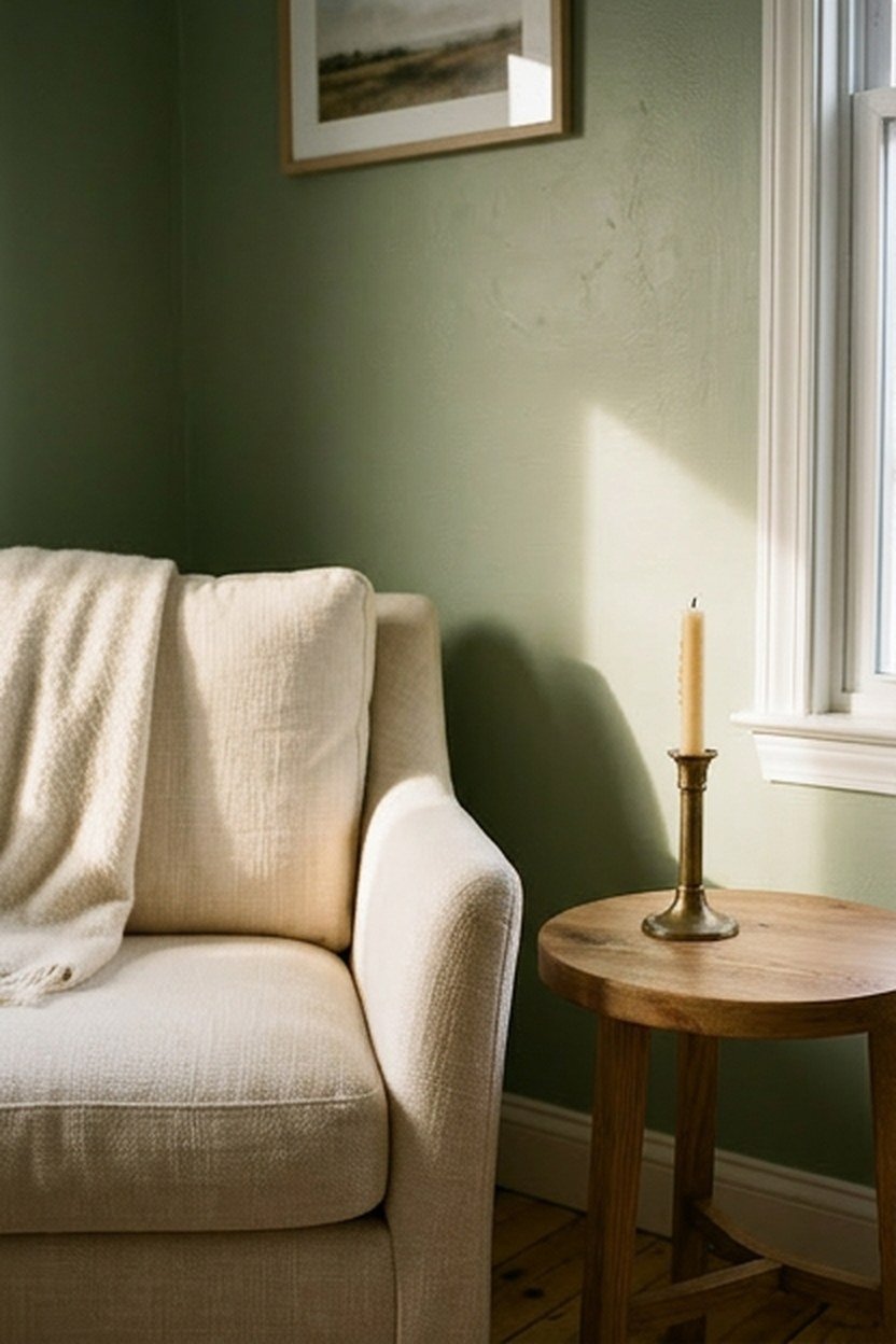 Sage green wall with cream linen chair and natural wood side table