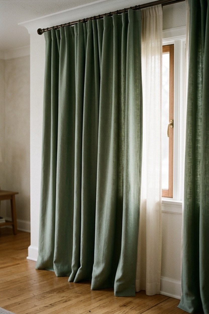 Sage green floor length curtains in a small living room