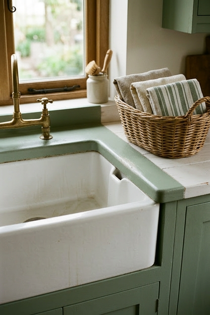 A sage green painted surround around a farmhouse apron sink
