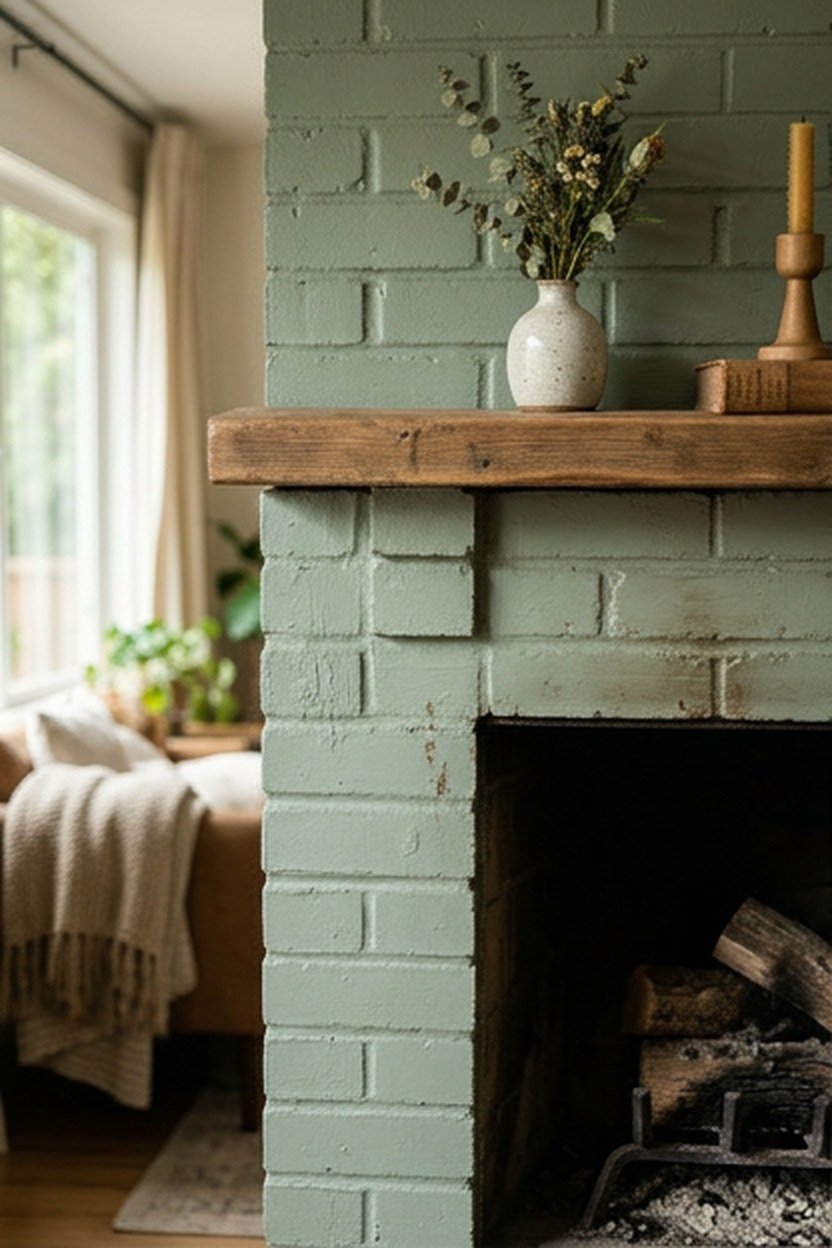 A sage green painted fireplace surround in a small living room