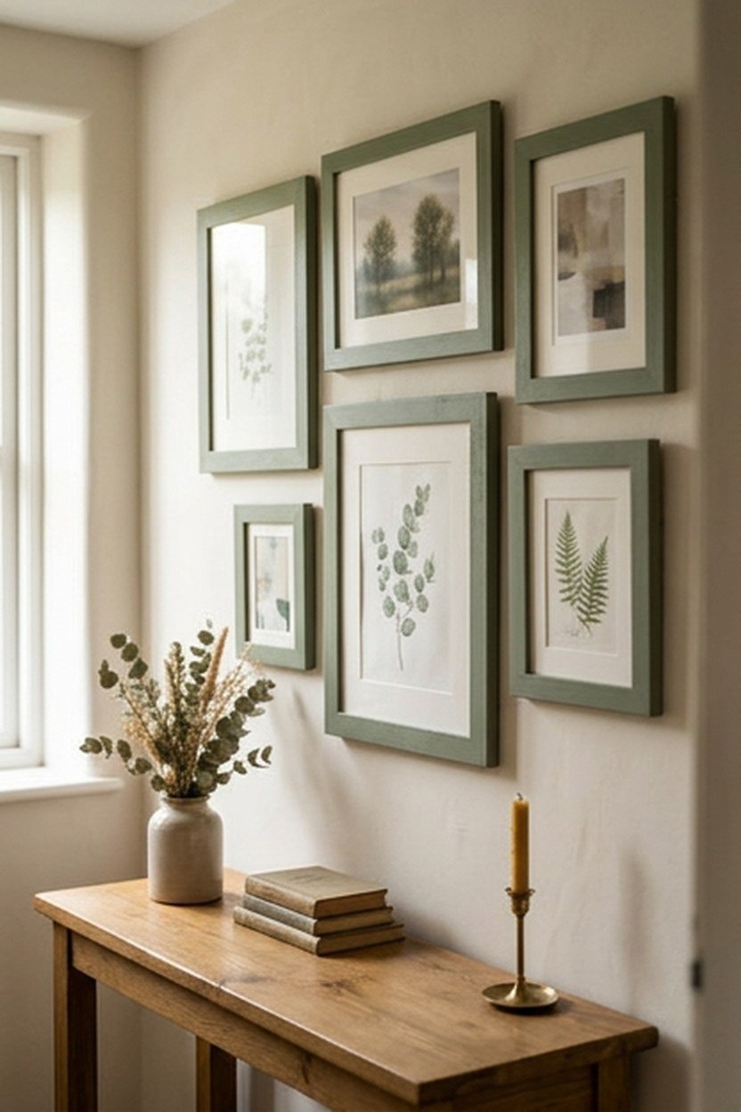A gallery wall with sage green frames in a small living room