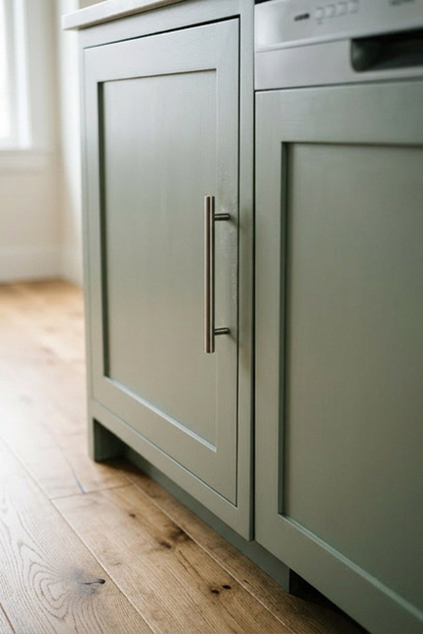 A sage green cabinet door with brushed nickel hardware in a kitchen