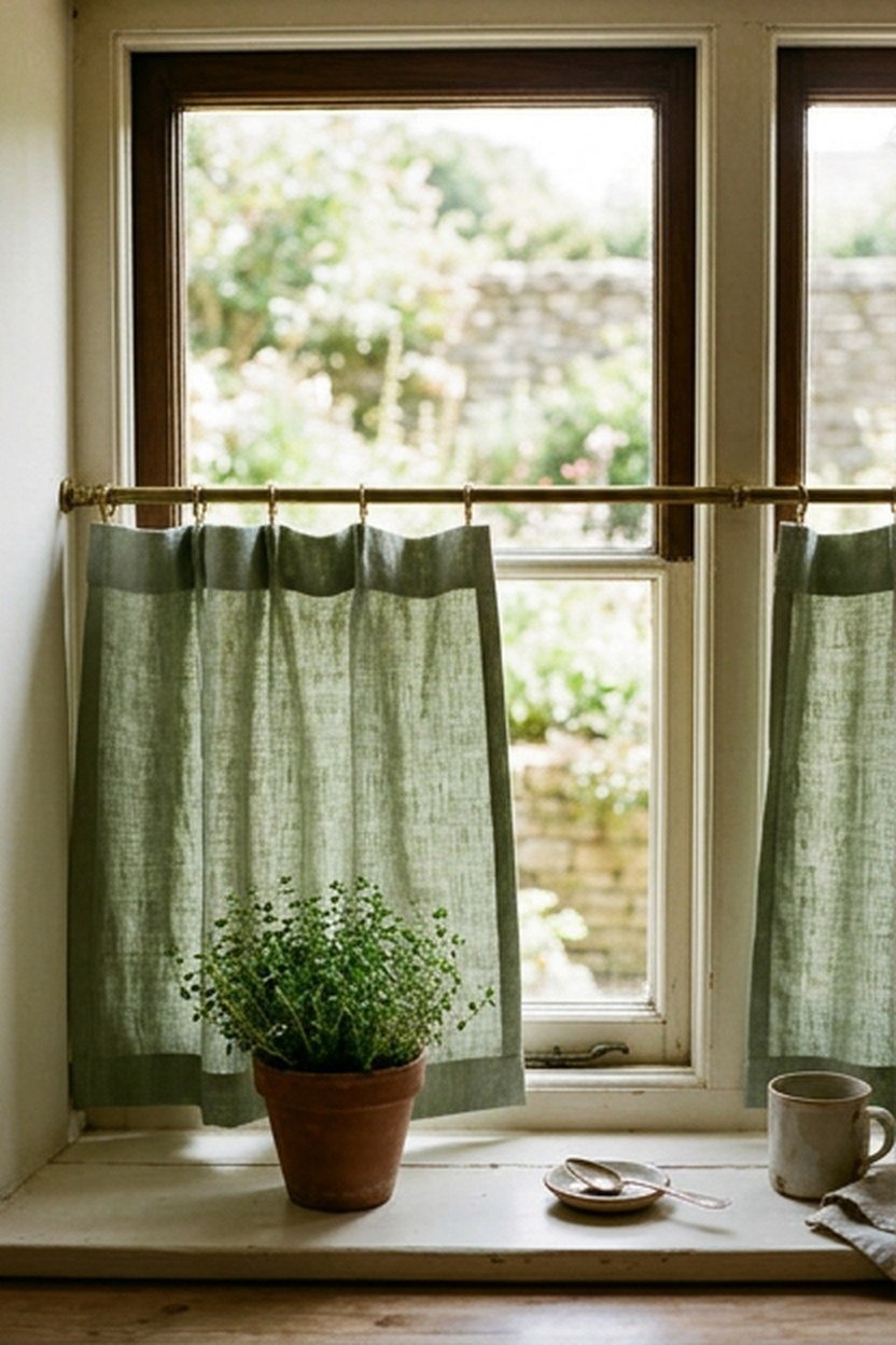 Sage green cafe curtains on a farmhouse kitchen window