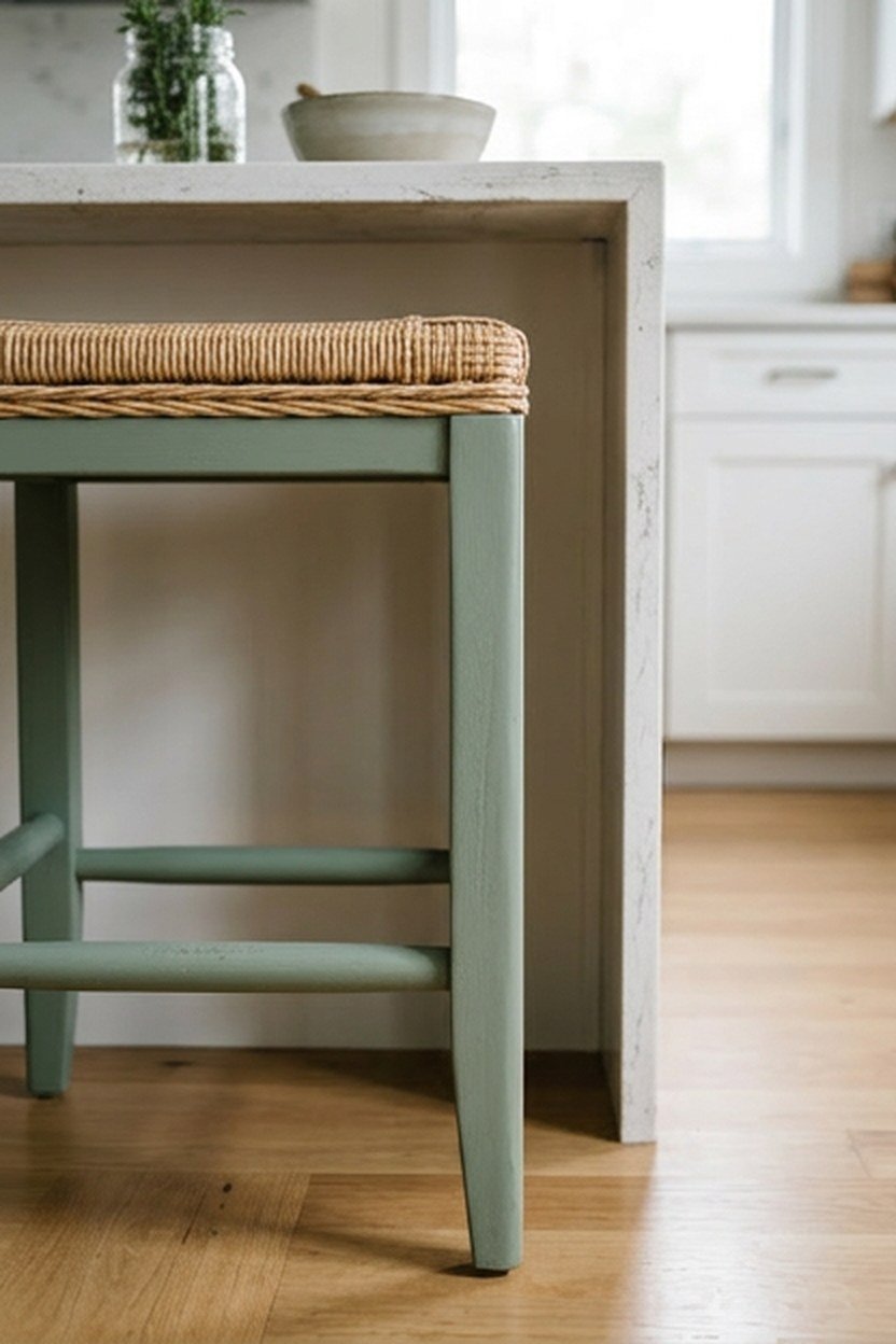 Sage green painted counter stools at a kitchen island