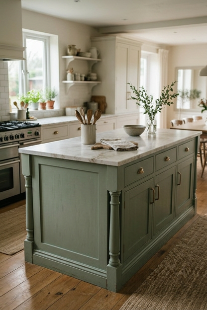 A sage green painted kitchen island as a statement piece
