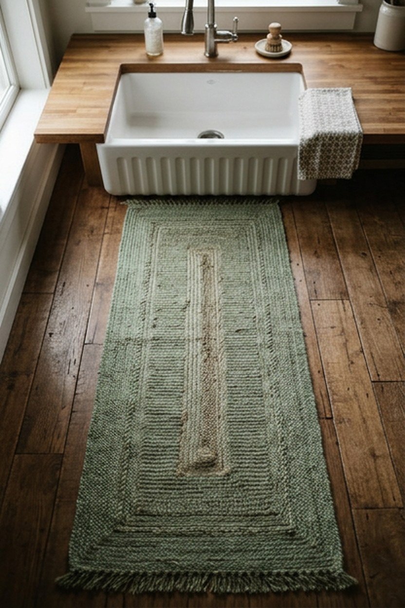 A sage green runner rug in front of a farmhouse kitchen sink