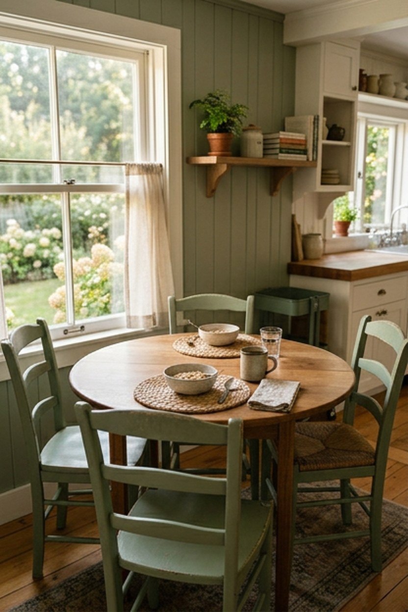 A sage green painted kitchen table and chairs in an eat-in nook