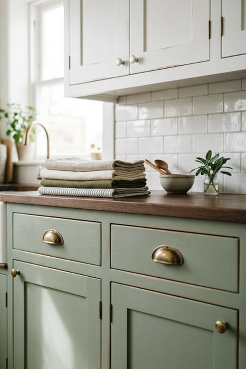Sage green painted lower kitchen cabinets paired with white upper cabinets