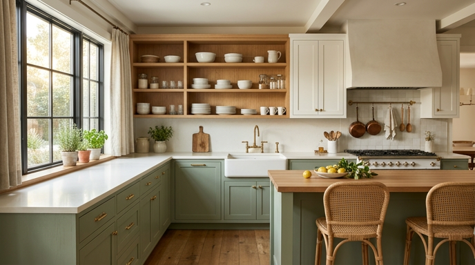 A sage green modern farmhouse kitchen with painted lower cabinets and open shelving