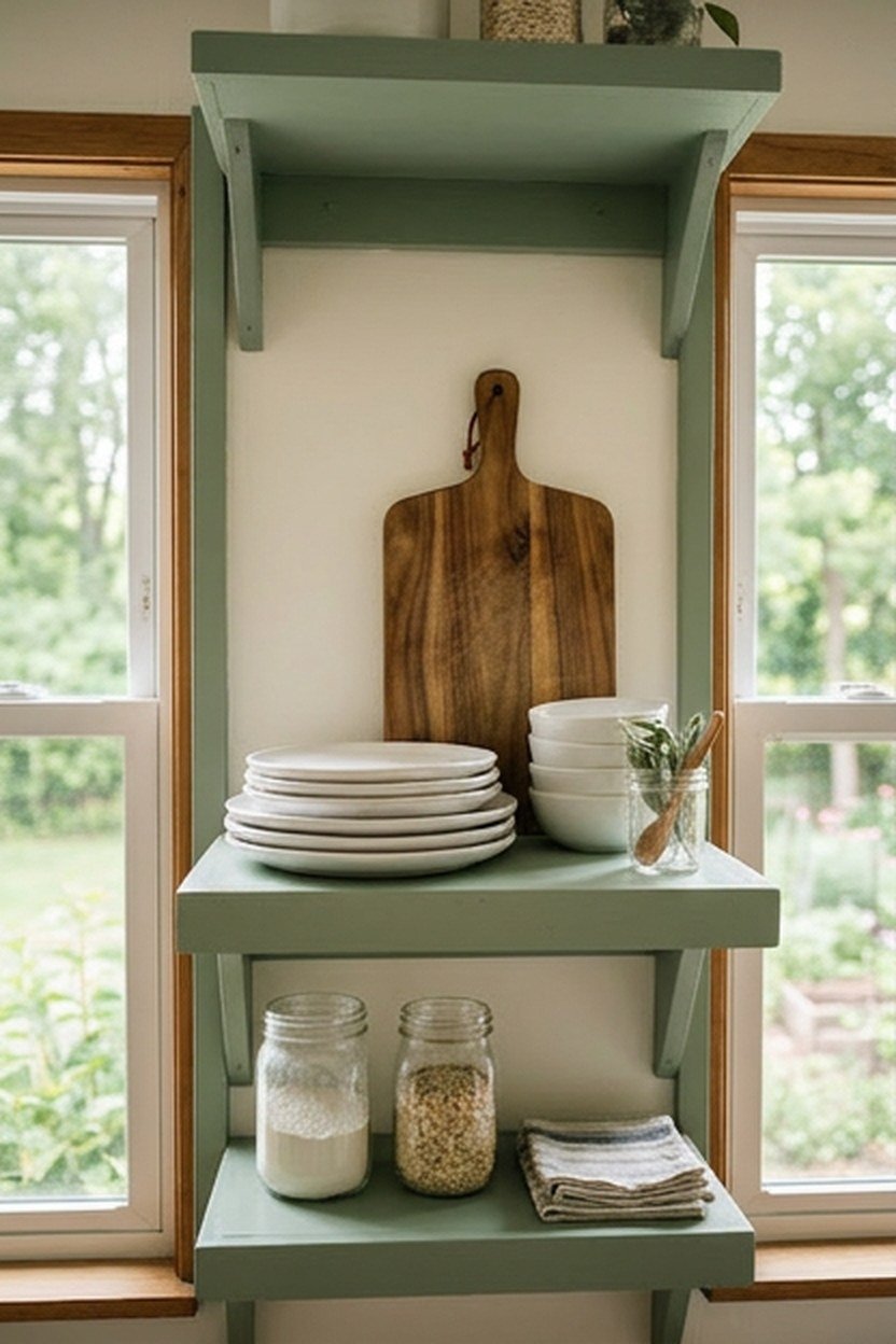 Sage green open shelving displaying white dishware in a kitchen