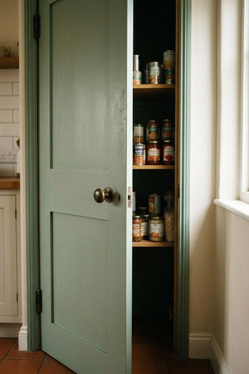 A sage green painted pantry door in a farmhouse kitchen