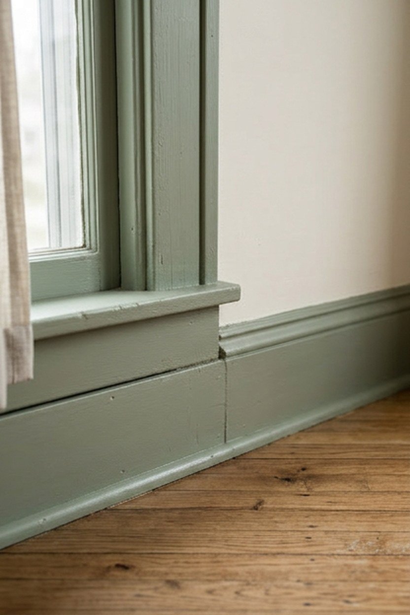 Sage green painted trim and molding in a small living room