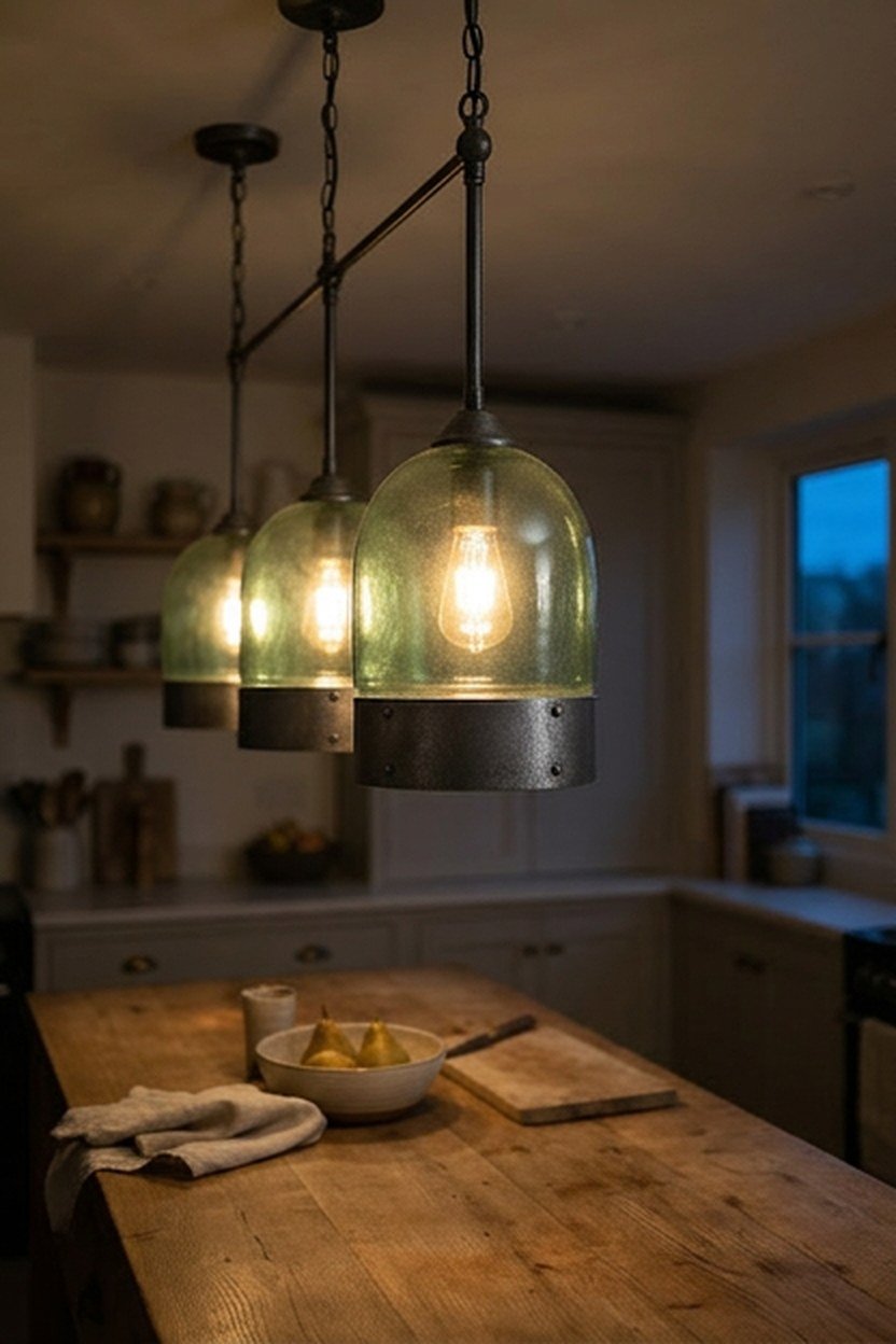 Sage green pendant lights hanging above a kitchen island