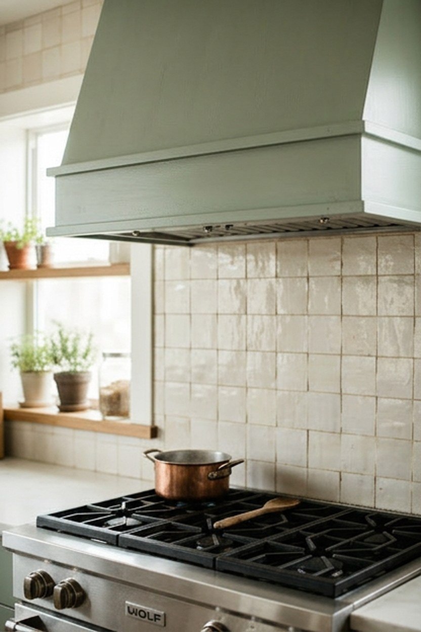 A sage green painted range hood as a kitchen focal point