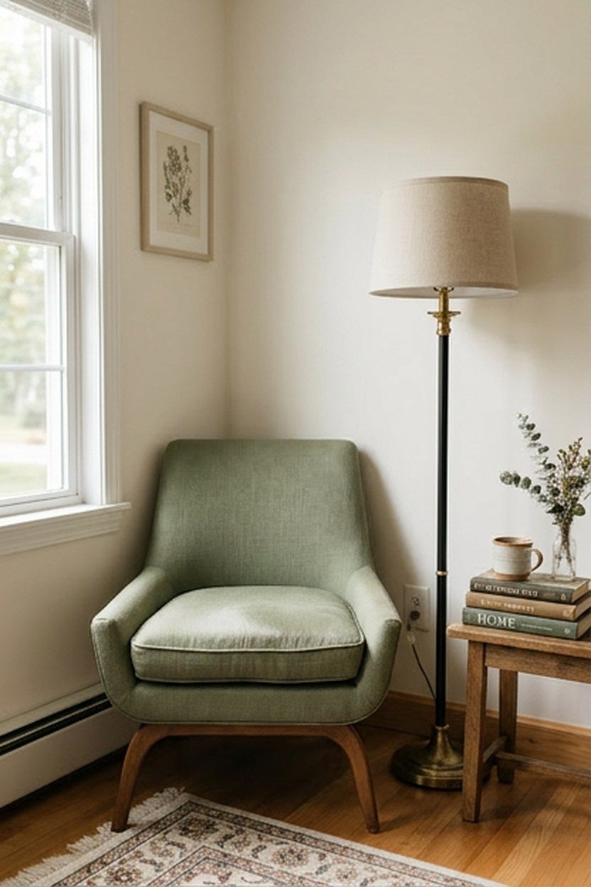 A sage green reading chair in a small living room corner nook