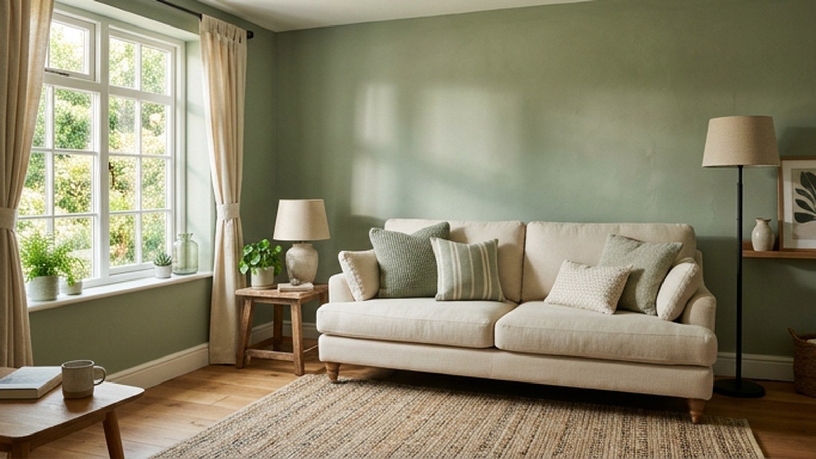 A small living room with a sage green accent wall and cream sofa