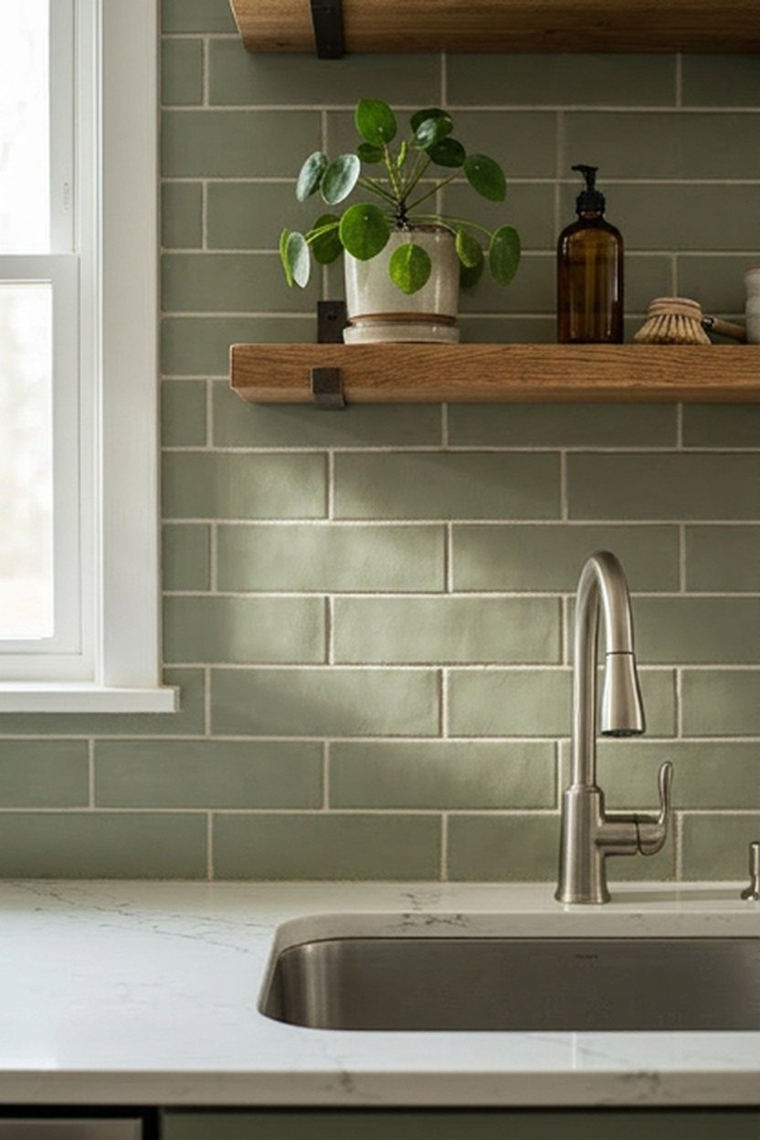A sage green subway tile backsplash in a farmhouse kitchen