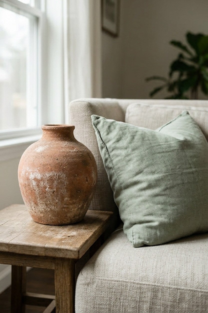 Sage green paired with terracotta accents in a small living room