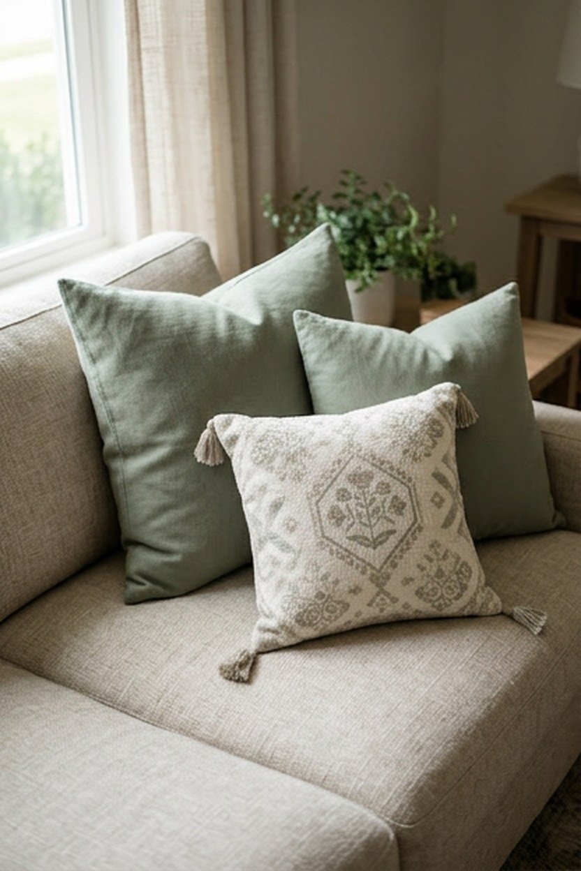 Sage green throw pillows arranged on a neutral sofa