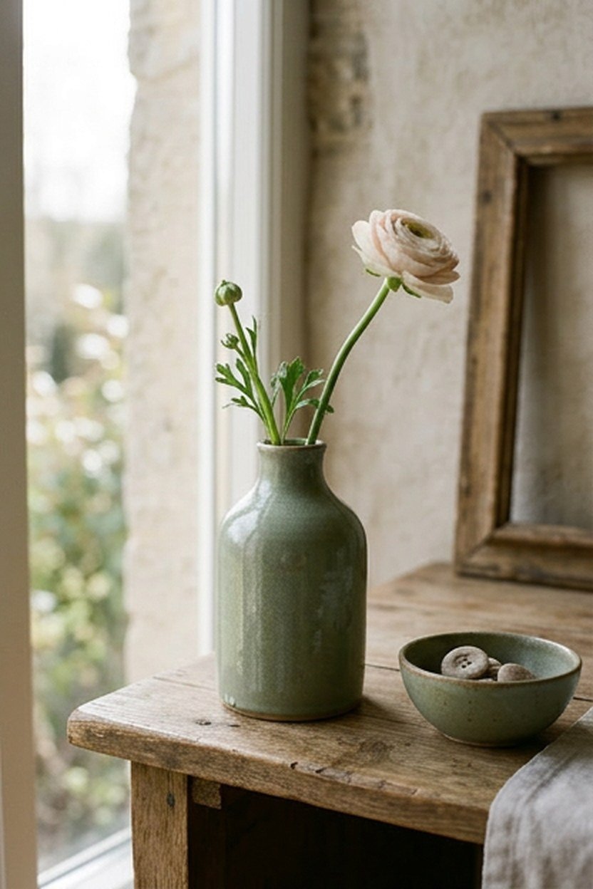 Sage green vase and ceramic accents on a living room shelf
