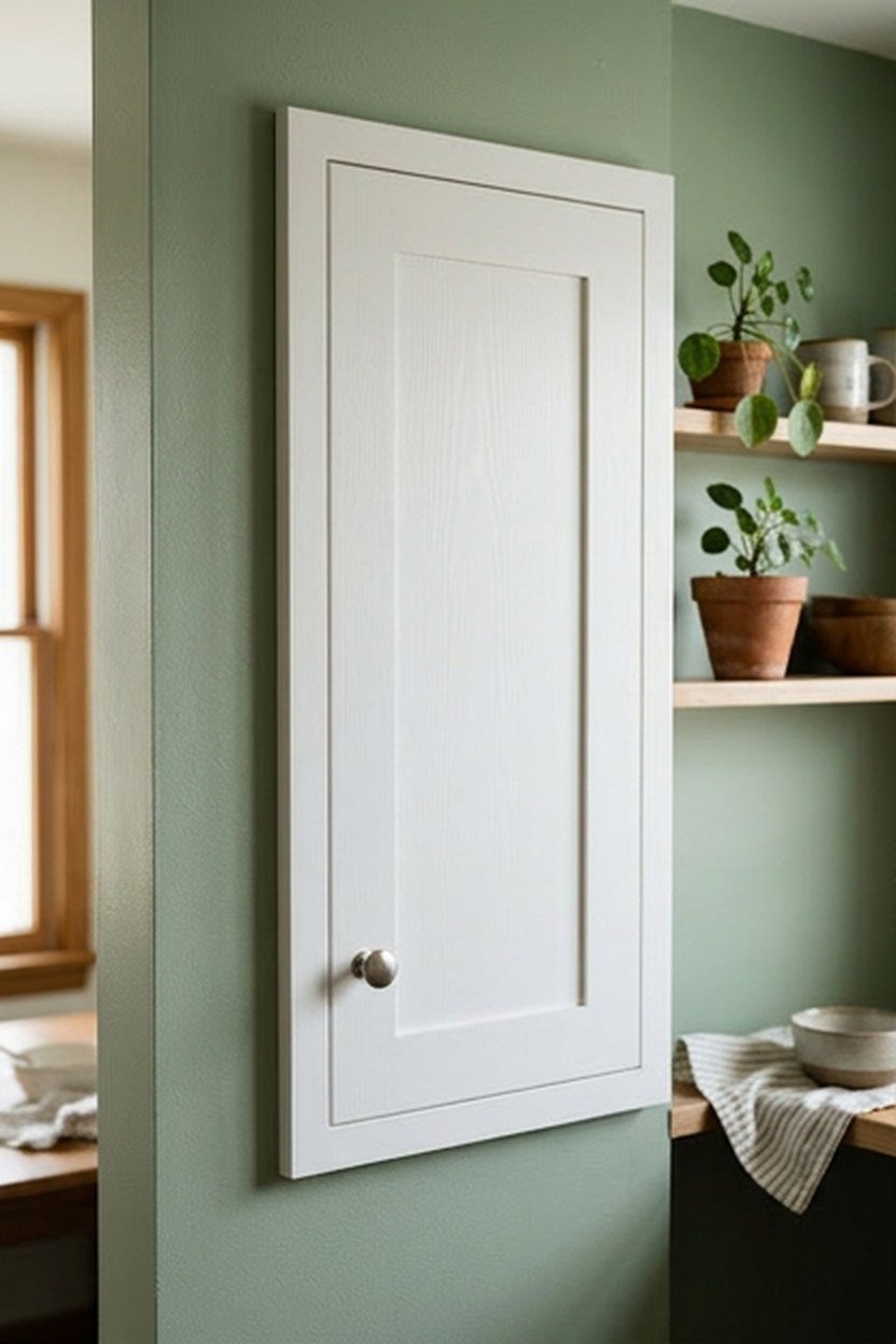 White shaker cabinets against a sage green painted kitchen wall