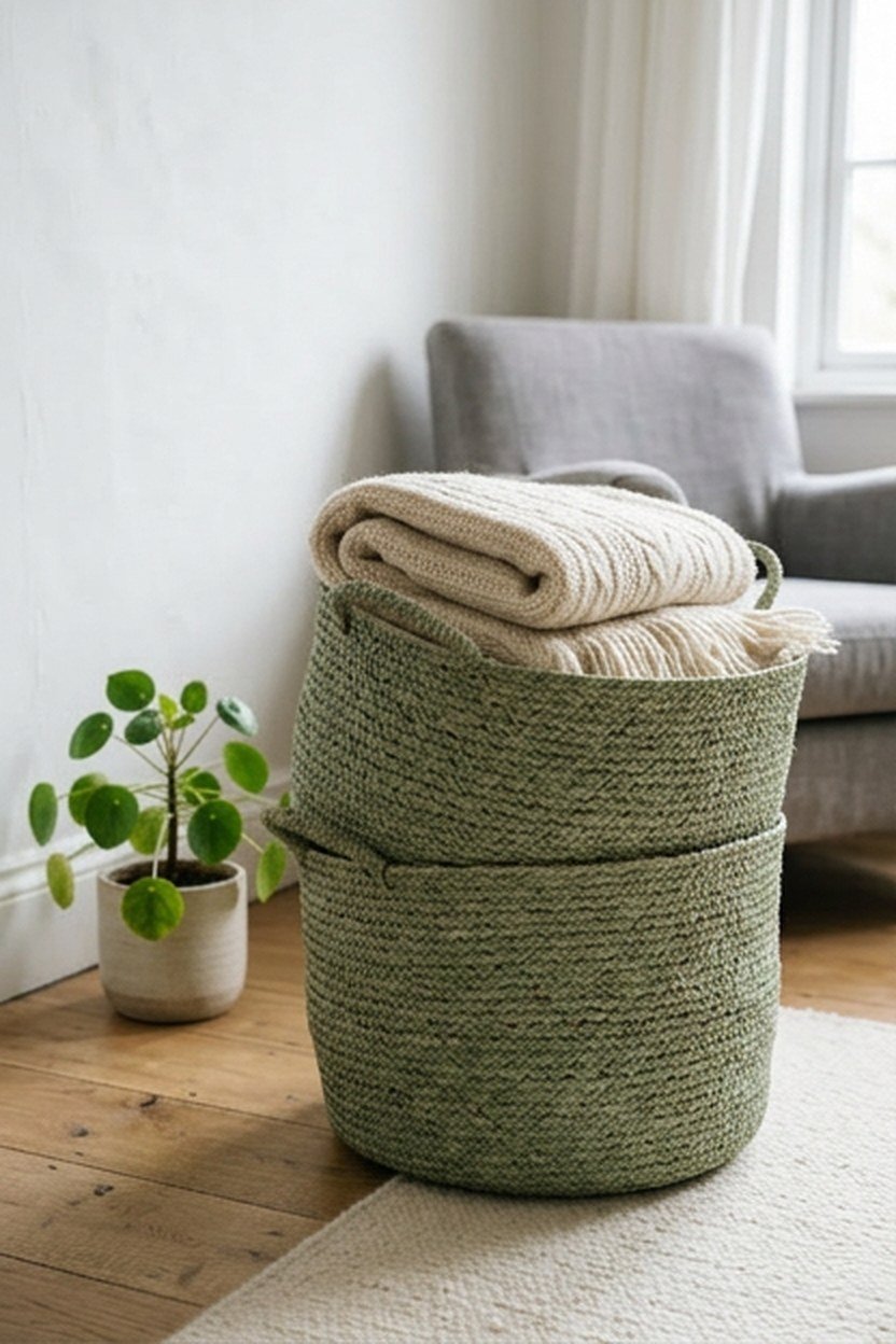Sage green woven storage baskets in a small living room corner
