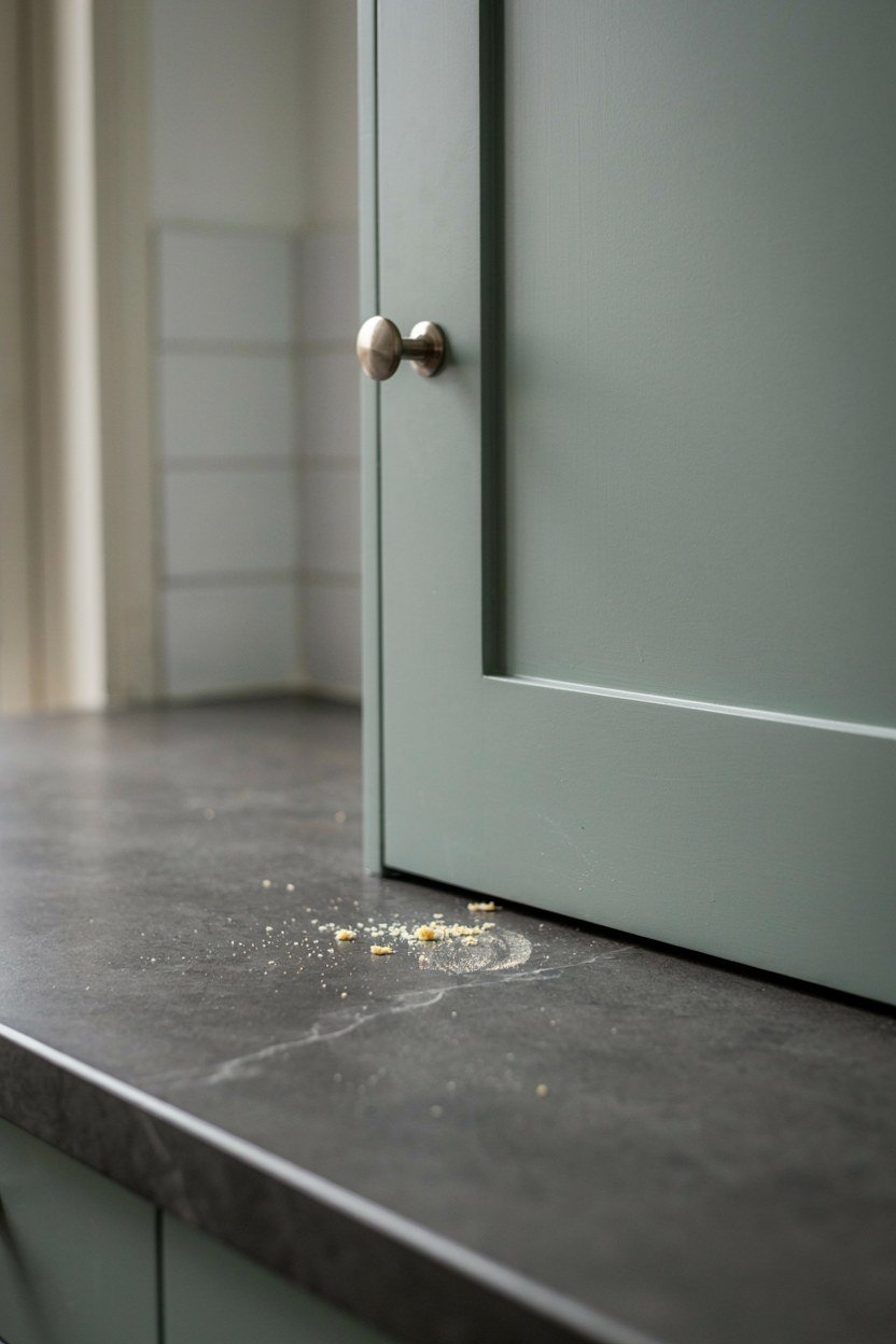 Sage kitchen cabinets beneath a honed charcoal worktop