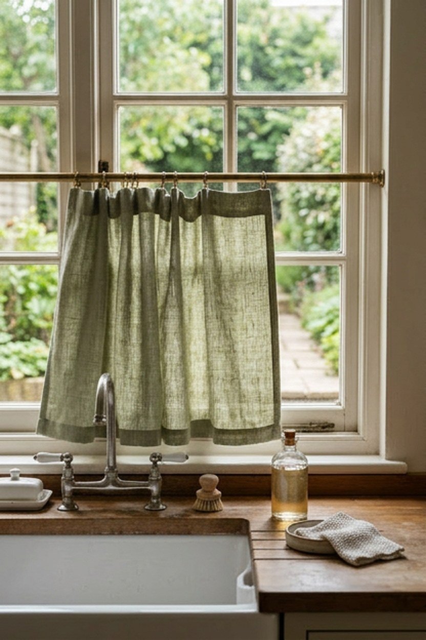 A sage green linen curtain on a kitchen window above the sink