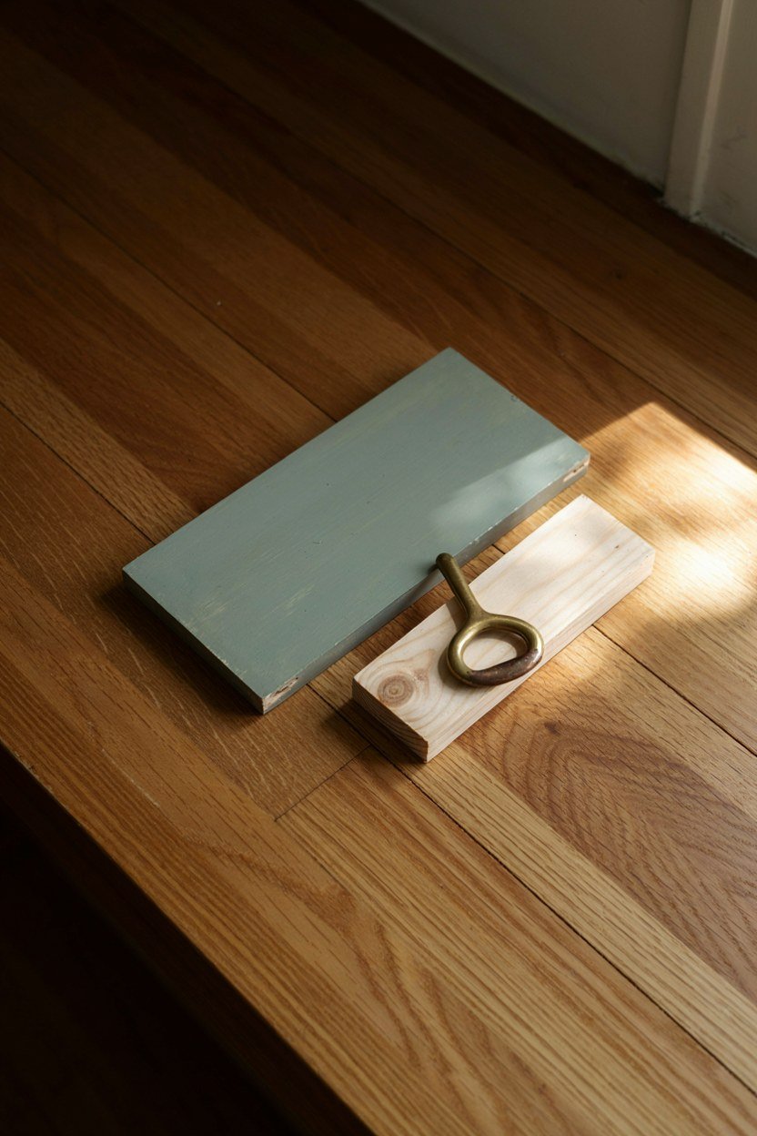Sage paint, pale oak and brass shown together as a three part palette