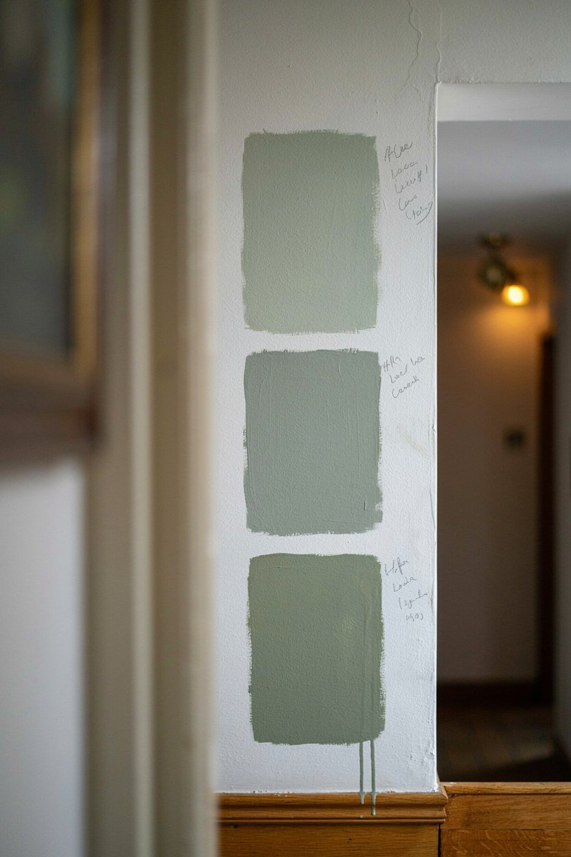 Large sage paint test patches brushed onto a hallway wall