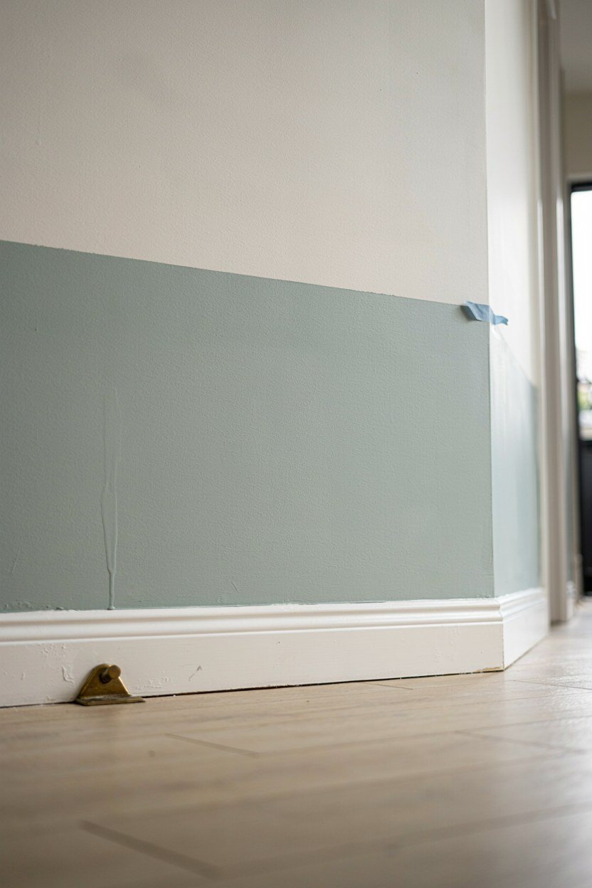 Two tone entryway wall with sage below a level break line