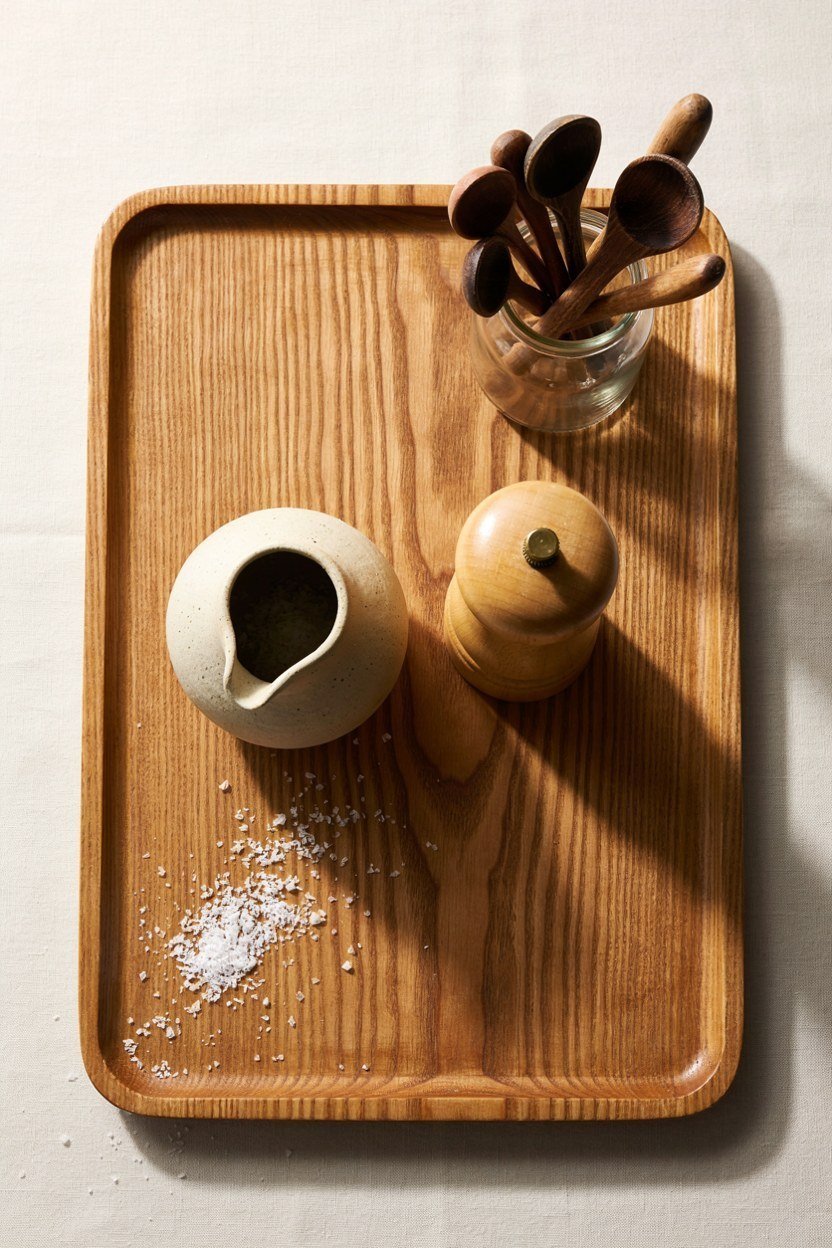 A salt pig, pepper mill and jar of wooden spoons grouped on a small tray
