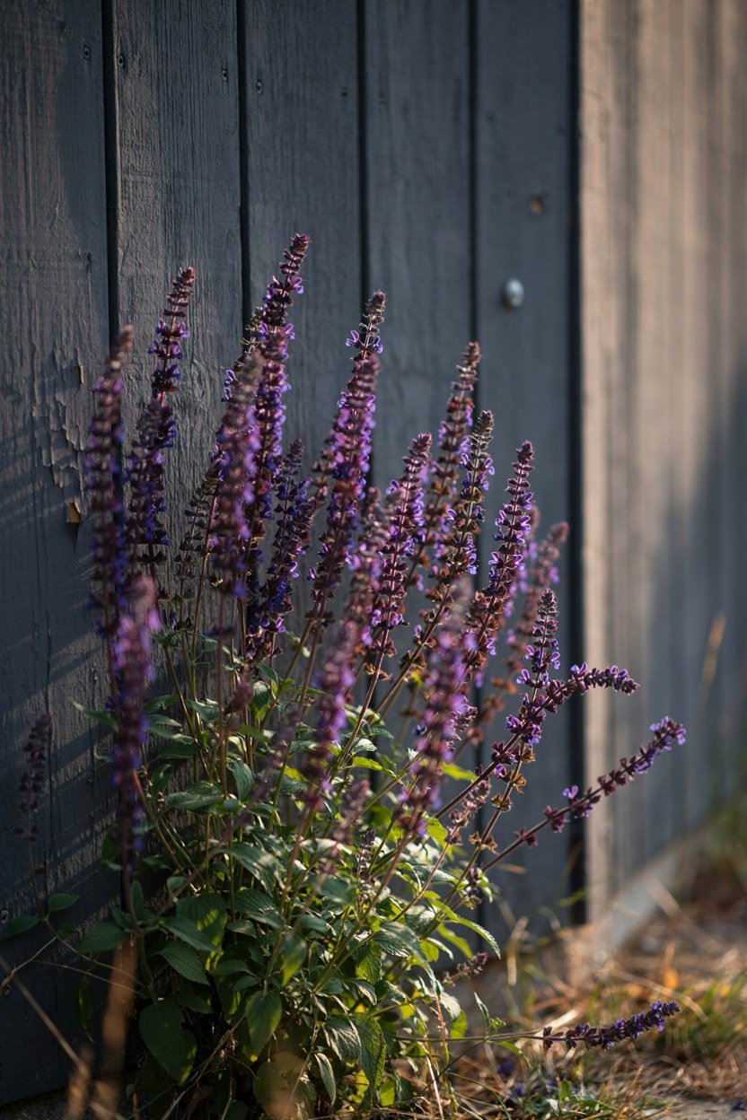 Deep purple salvia spires standing sharply against a dark painted fence panel