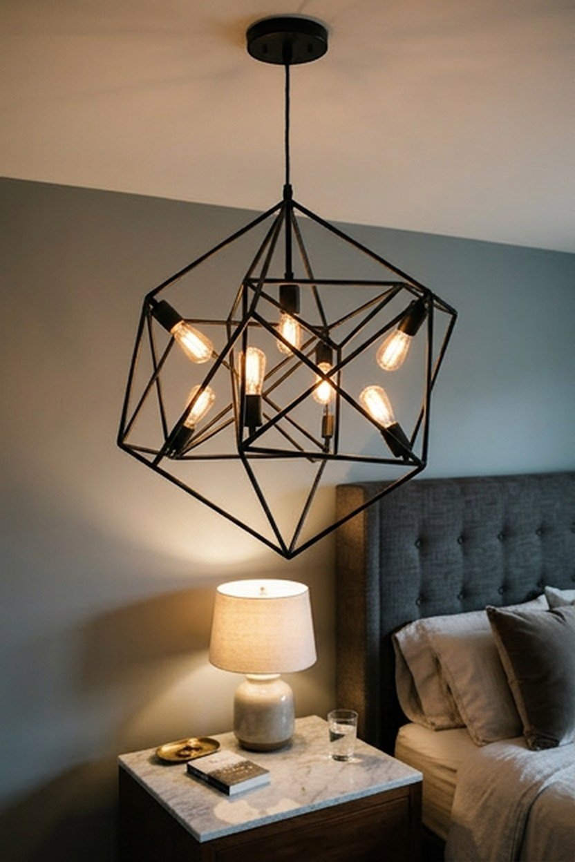 A sculptural metal chandelier with geometric lines in a bedroom