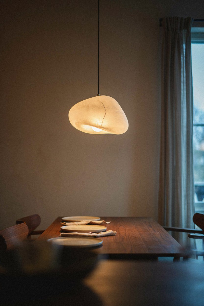 Sculptural pendant hanging low over a dining table