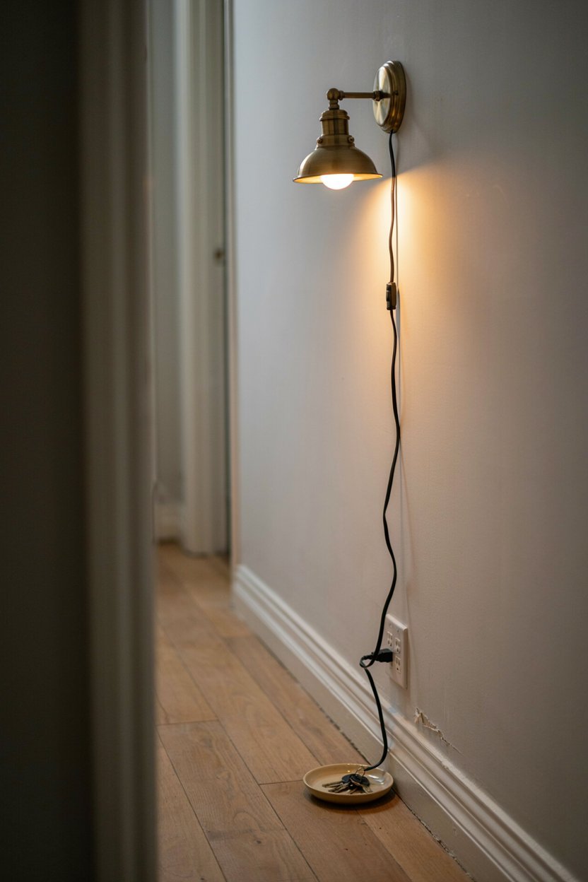 Sculptural plug in wall sconce lighting a narrow apartment hallway
