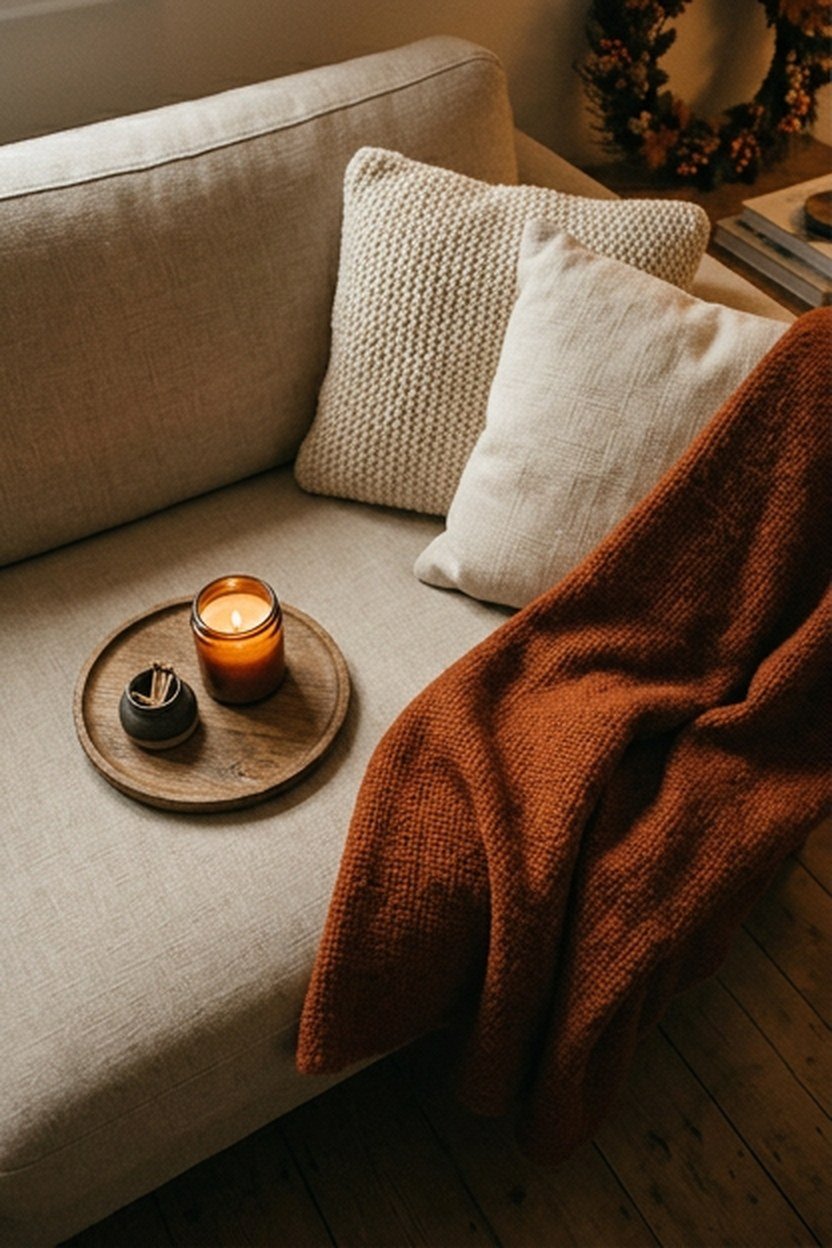 Seasonal wool throw and textured cushions warming a minimalist living room