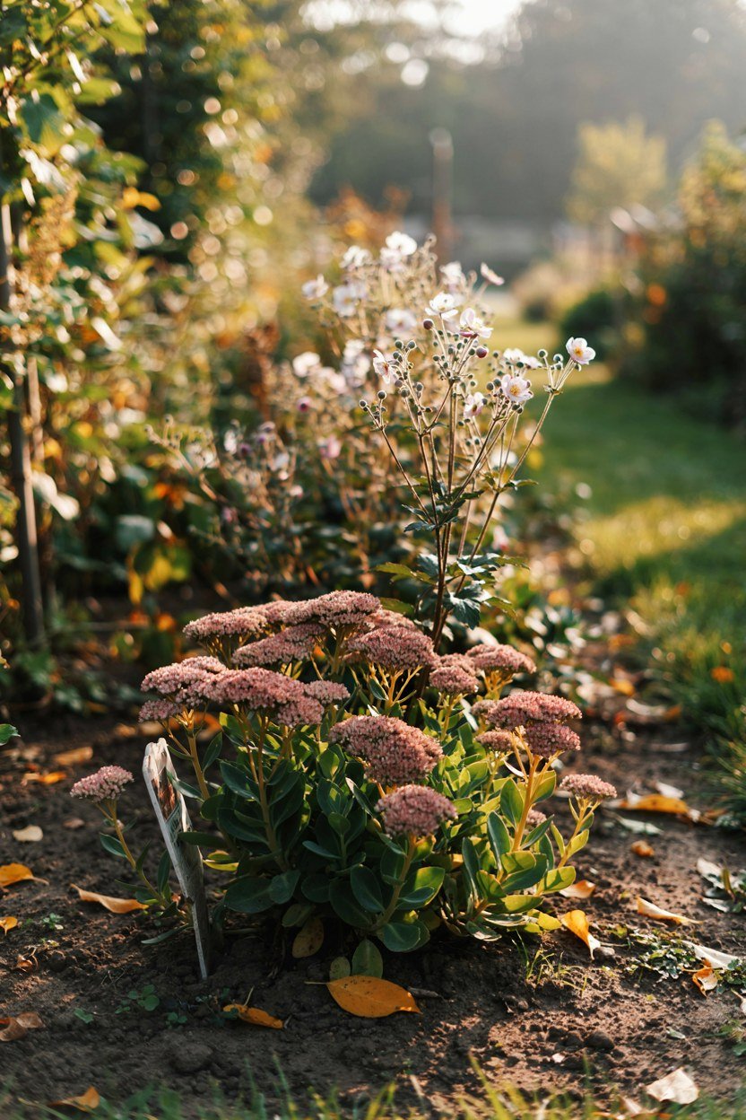 Dusky sedum plates and pale anemone flowers carrying colour in a September bed