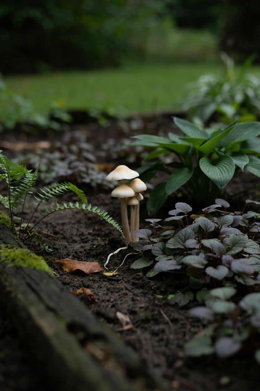 Ferns and small hostas planted so foliage overlaps the toadstools