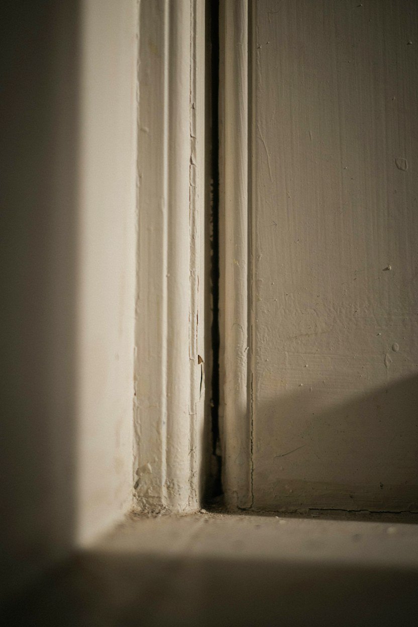 A narrow even shadow gap running down the free edge of a bookcase door