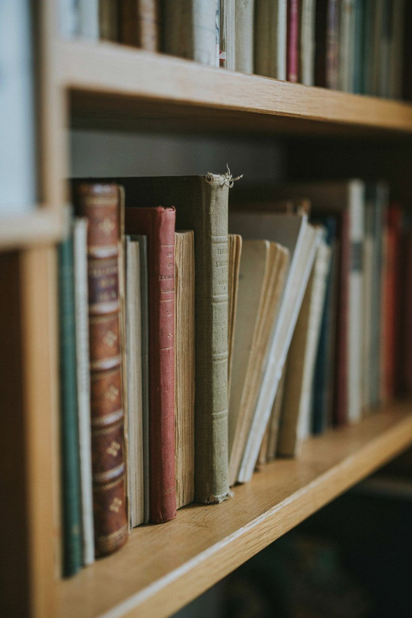 Shallow shelves filled with real hardback books at slightly different depths