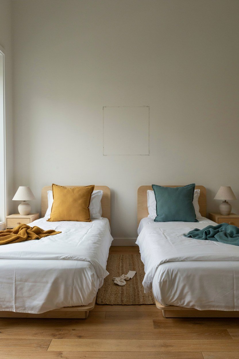Neutral kids room with two different accent colours