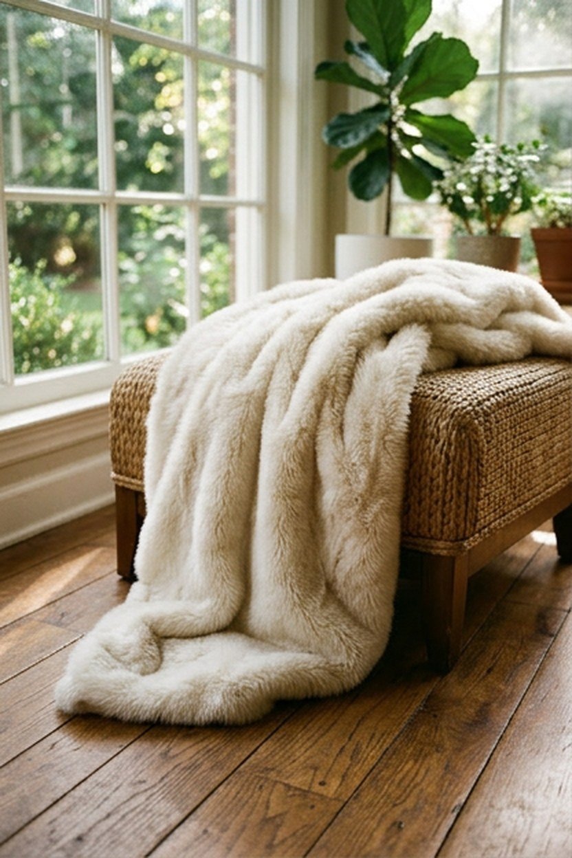 A sheepskin accent throw draped over a sunroom chair