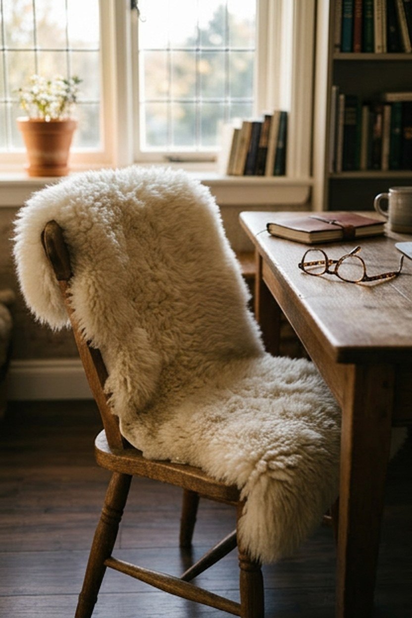 A sheepskin throw draped over an office desk chair seat