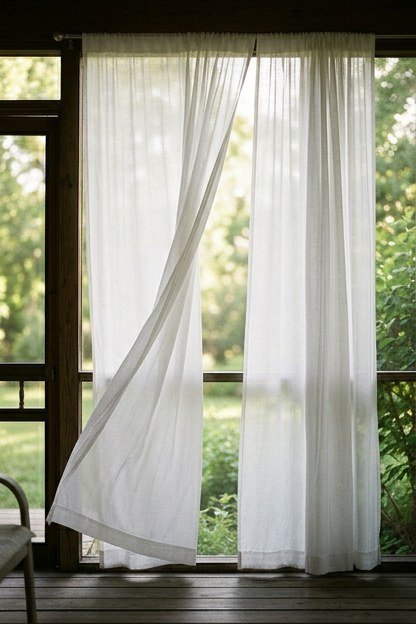Sheer white curtains hanging just inside a porch screen line