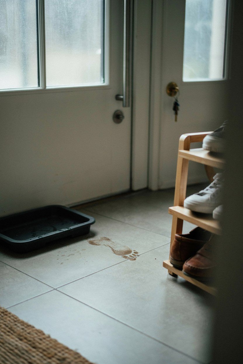 Shallow shoe rack and a boot tray beside an entryway door