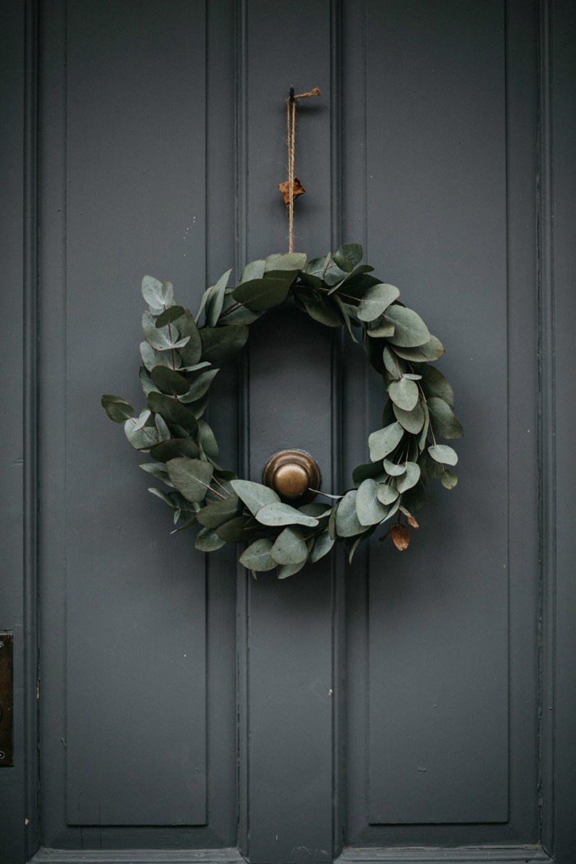 One simple wreath hanging on a dark front door