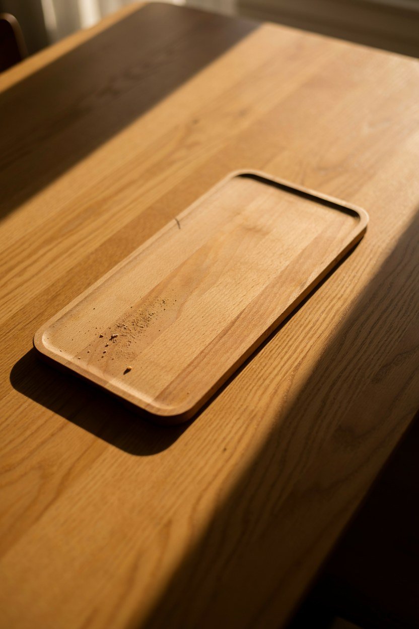 One wood tone repeated in a table and a serving board