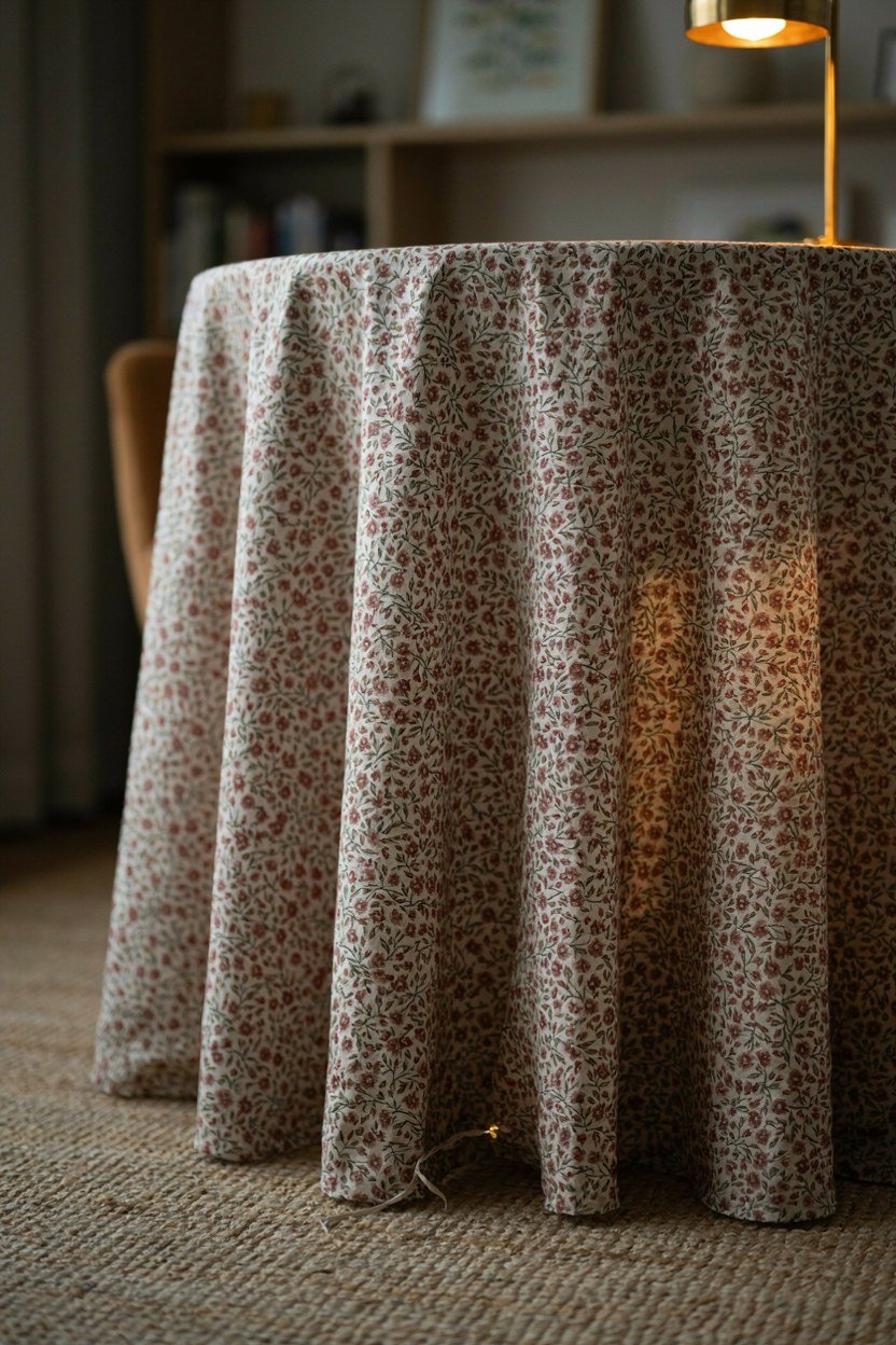 Round table with a floor length gathered fabric skirt in an office